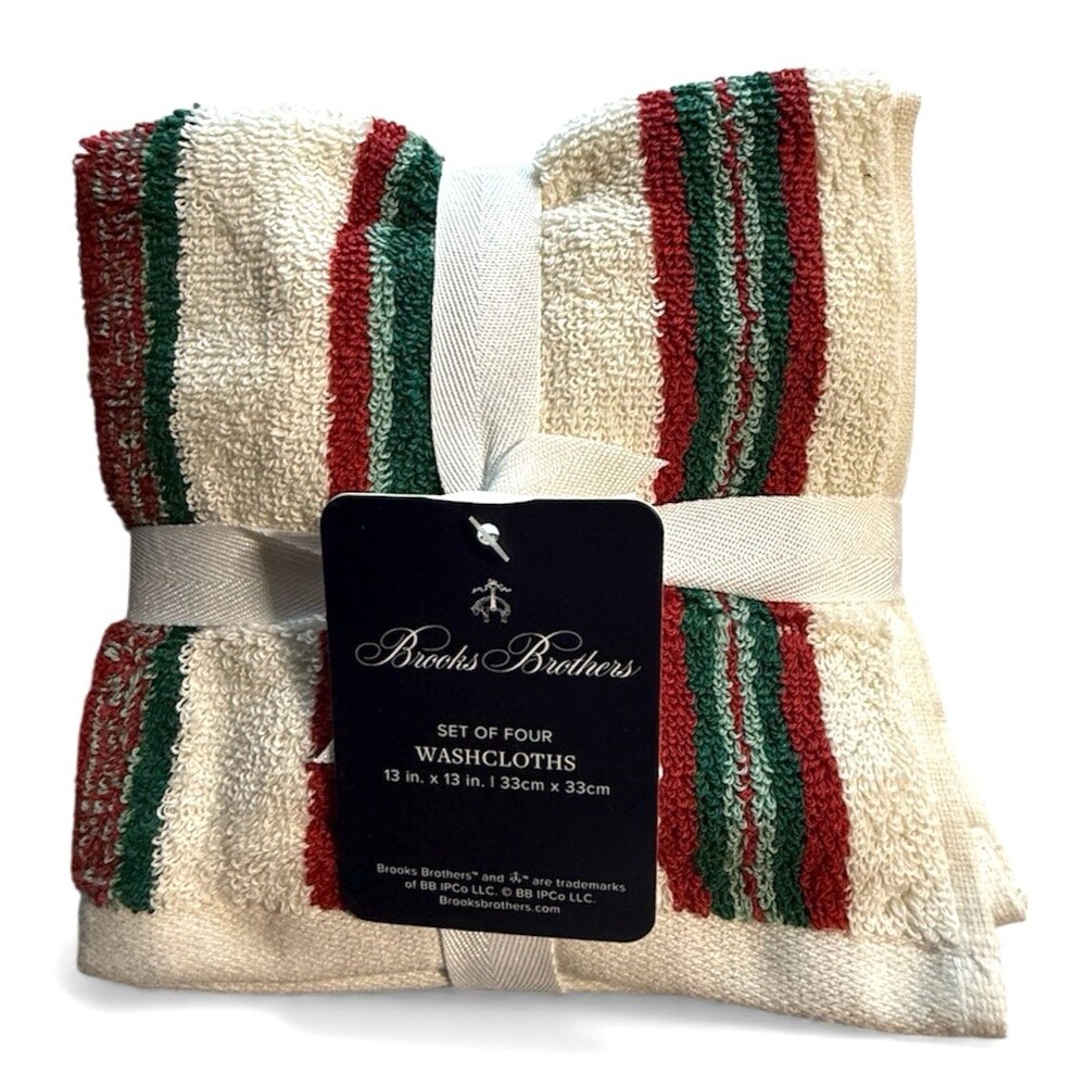 Brooks Brothers Christmas Washcloths Facecloths Set of 4 Red Green Cream 13x13"